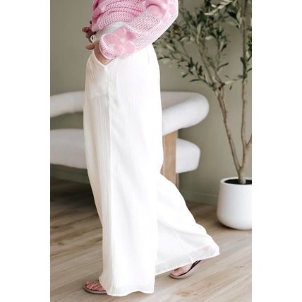 White Casual Tie Waist Pleated Wide Leg Pants