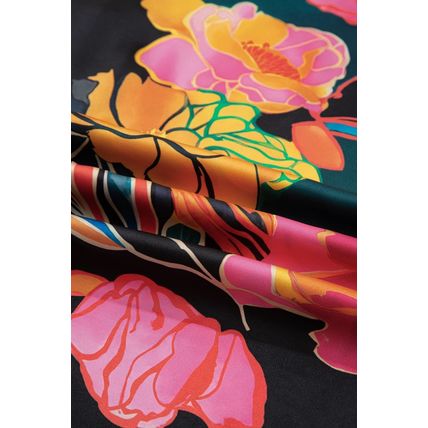 Black Floral Print Smocked Cuffs Puff Sleeve V Neck Blouse