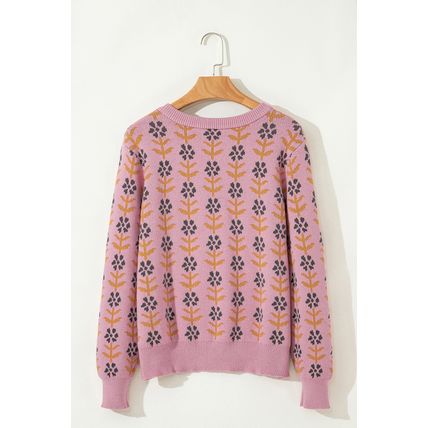 Pink Floral Button Down Ribbed Banded Cardigan Sweater
