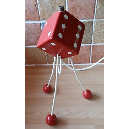 Atomic Tripod Red & Cream Wooden Dice Lamp, Ball Feet, retro, vintage