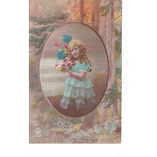 Young Girl Dressed In A Blue Dress And Holding A Basket Of Flowers Postcard