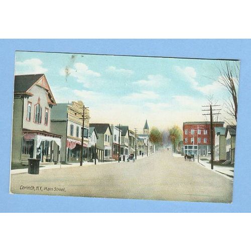 New York Corinth Main St Street Scene w/Paved Road Old Buildings Horse and~307