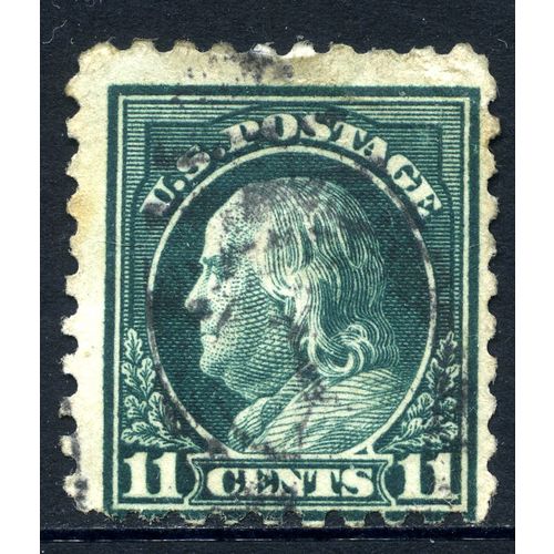USA 1915 Benjamin Franklin, Double WM Perf 10, 11c — Dark Green, Scott 434, Used