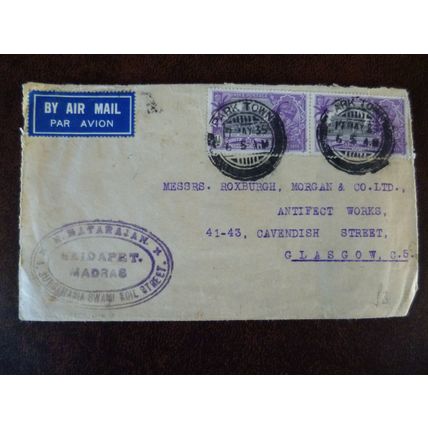 India 1935 KGV Silver Jubilee stamps airmail letter Park Town Madras Glasgow