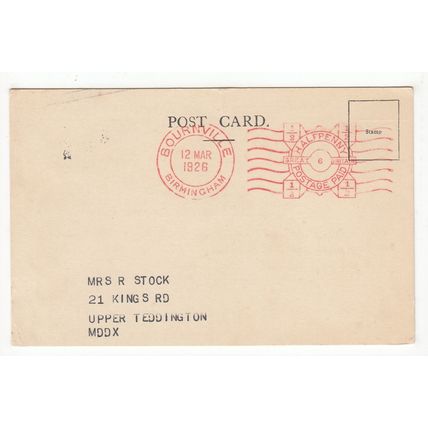 1926 Bournville Birmingham Pre-paid Meter Postmark on Postcard Cadburys Bros