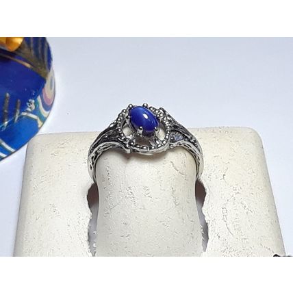 Vintage 6X4mm Blue Star Sapphire angled Open framed 10Kt White Gold Ring #17217