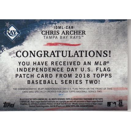 CHRIS ARCHER MLB INDEPENDENCE DAY FLAG 2018 AUTOGRAPHED TAMPA BAY RAYS ALL-STAR
