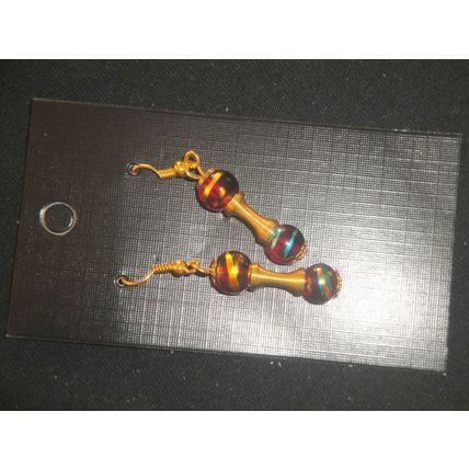 Unusual turquoise & gold on red asian glass with golden coiled spring earrings