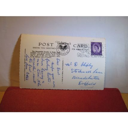 THE HOUSEHOLD CAVALRY IN HYDE PARK, London used postcard RP Valentine 1959 pm =