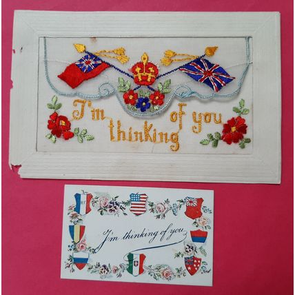 WW1 SILK EMBROIDERED POSTCARD PATRIOTIC UNION FLAG THINKING OF YOU INSERT POSTED