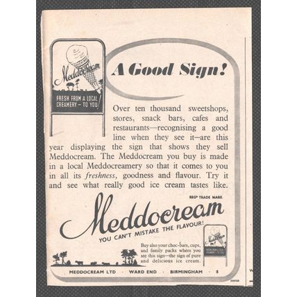 MEDDOCREAM LTD, WARD END, BIRMINGHAM. Ice Cream : Original Vintage 1951 Advert