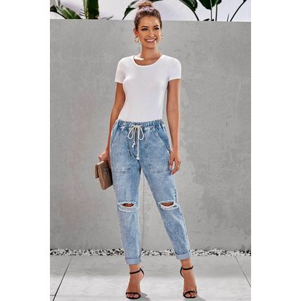 Gather Round Distressed Pocketed Denim Jogger Pants