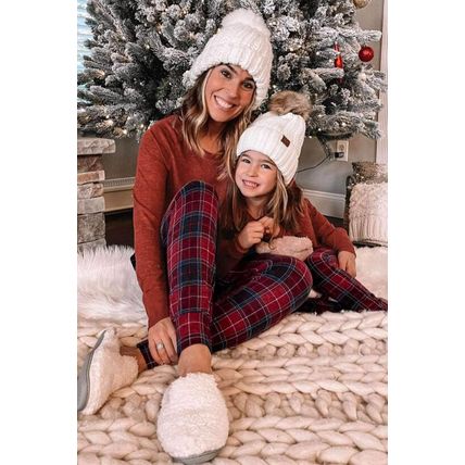 Solid Long Sleeve Top and Plaid Pants Loungewear