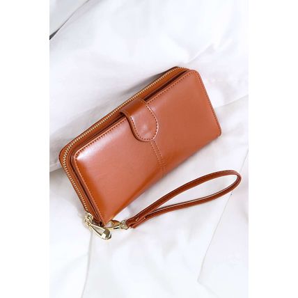 Cinnamon Faux Leather Zip Around Wrist Strap Long Wallet