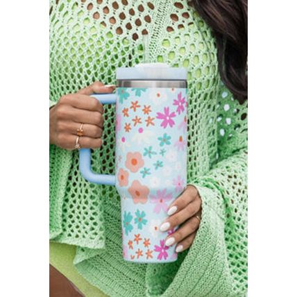 Beau Blue Cute Flower Pattern Handled Cup with Straw 40oz