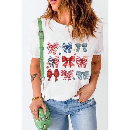 White Stripe and Star Bowknot Graphic Tee