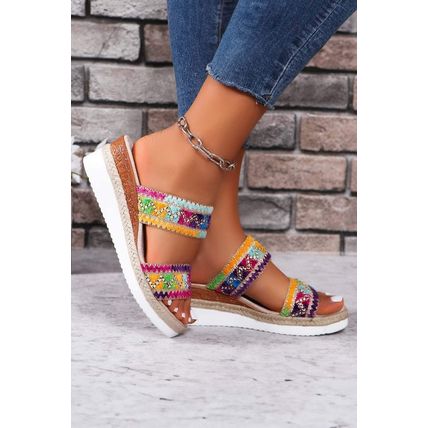 Multicolour Random Color Crochet Dual Band Wedge Slippers