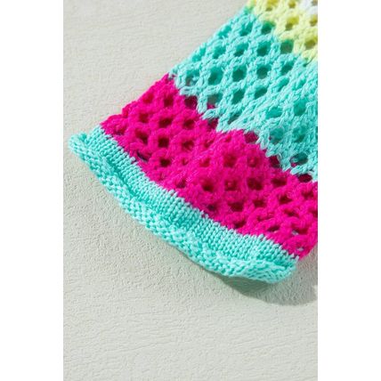 Rose Red Colorblock Patchwork Knit Crochet Eyelet Sweater