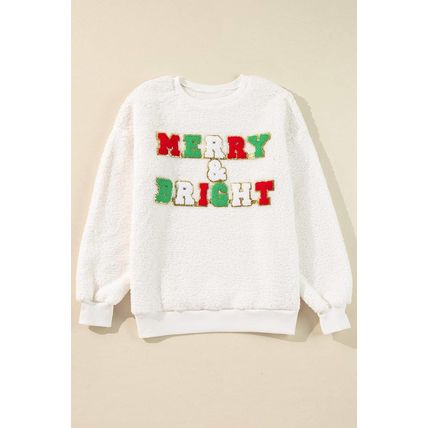 White Christmas MERRY & Bright Chenille Graphic Sherpa Sweatshirt