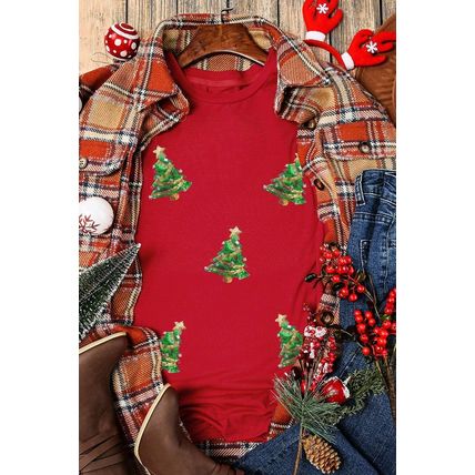 Red Sequined Christmas Tree Graphic Crewneck T Shirt