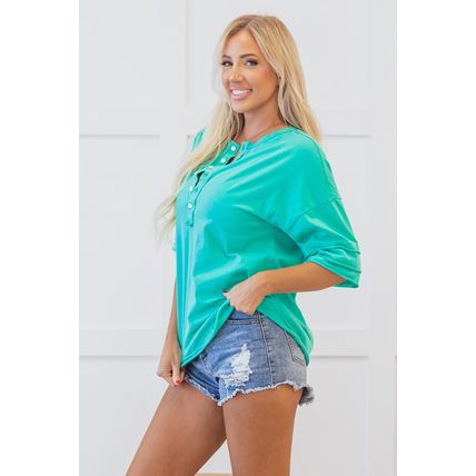 Mint Green Solid Color Half Sleeve Buttons Henley Top