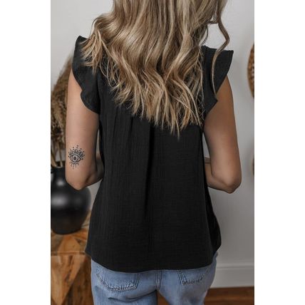 Black Ruffled Shoulder V Neck Shift Tank Top