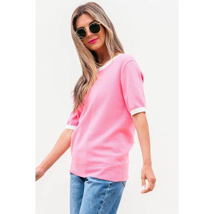 Bonbon Colorblock Bow V-Shape Cut Back Short Sleeve Sweater