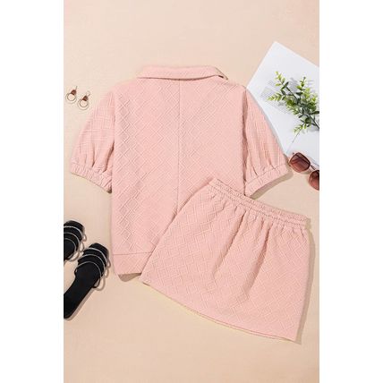 Light Pink Striped Collared Zip up Textured Skirt Set