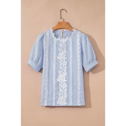 Sky Blue Stripe Floral Lace Splicing Puff Sleeve Blouse