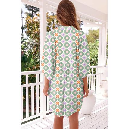 Green Geometric Floral Print 3/4 Sleeve Notched Neck Mini Dress