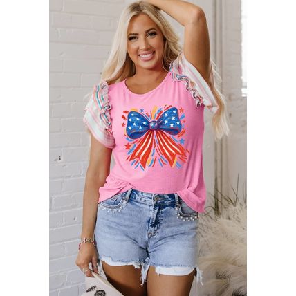Bonbon Independence Celebration Bowknot Graphic Ruffled Sleeve Ribbed Summer Top