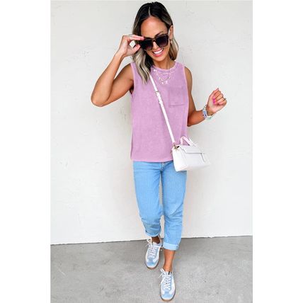 Phalaenopsis Mineral Wash Patched Chest Pocket Casual Tank Top