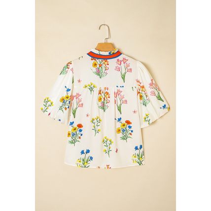 White Floral Short Puff Sleeve Contrast V Neck Print Blouse