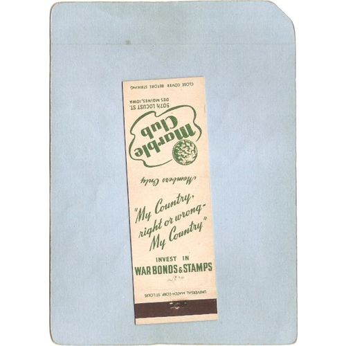 IA Des Moines Matchcover Marble Club 5071/2 Locust St w/Ad On Back My Coun~190