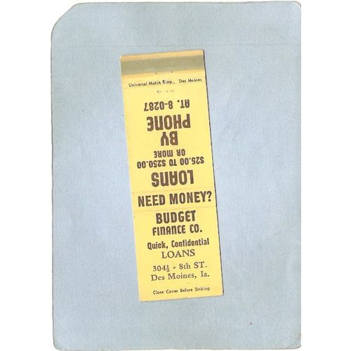 IA Des Moines Matchcover Budget Finance Co 3041/2 8th St w/Info Inside spa~195