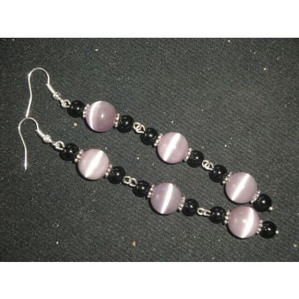 Exquisite smoky purple cats eye & black glass long swing earrings