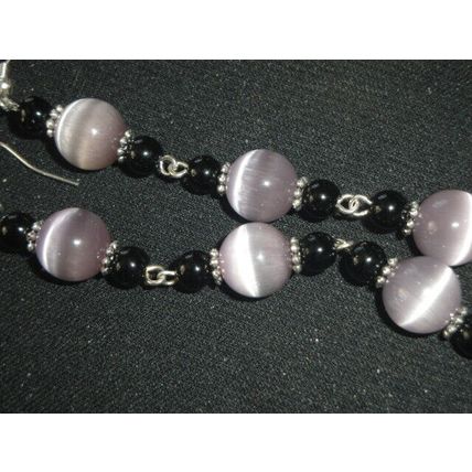 Exquisite smoky purple cats eye & black glass long swing earrings