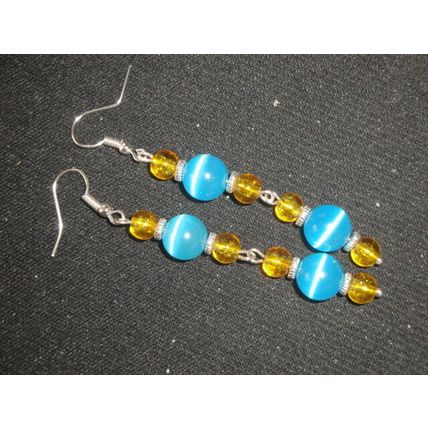 Striking baby blue cats eye & yellow crystal glass long swing earrings
