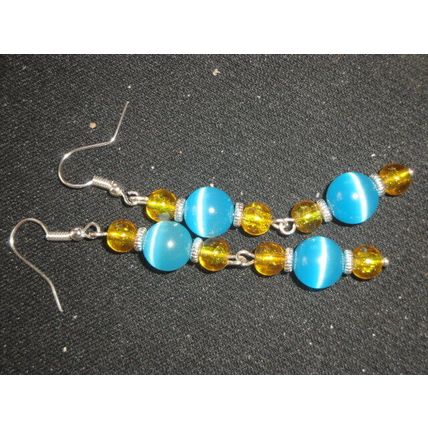 Striking baby blue cats eye & yellow crystal glass long swing earrings
