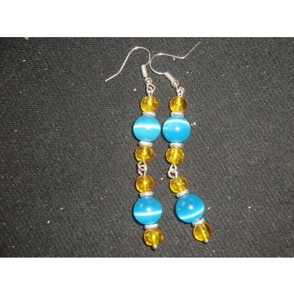 Striking baby blue cats eye & yellow crystal glass long swing earrings
