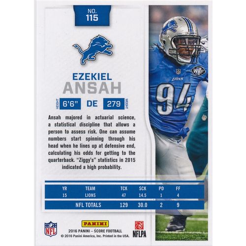 2016 Score Football 115 Ezekiel Ansah Detroit Lions