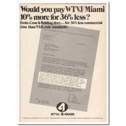 WTVJ-TV 1973 Miami Foote Cone Belding less commercial time vintage ad