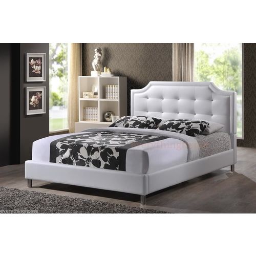 Queen Platform Bed Black Or White Faux Leather Scalloped Crystal Tufted New