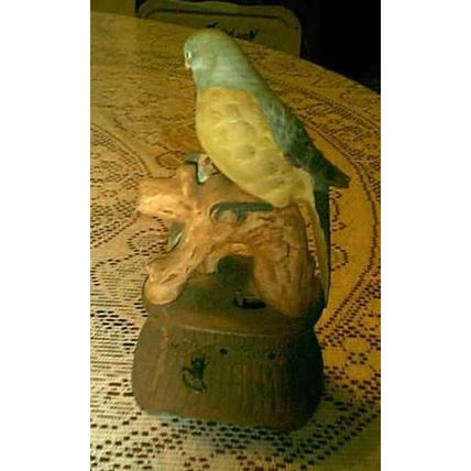 BEAUTIFUL PORCELAIN BLUE YELLOW TWEETING PAROKEET & BABY WITH SOUND