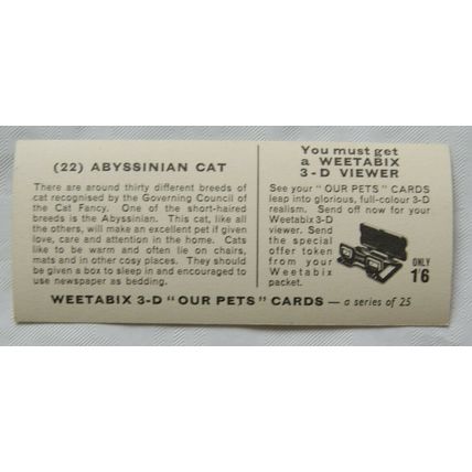 1960s Weetabix 3-D Our Pets Card No. 22 Abyssinian Cat