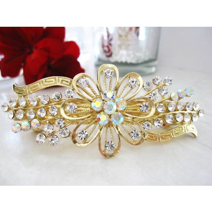 Gold flower shaped crystal hair barrette clip bridal clip bridal barrette