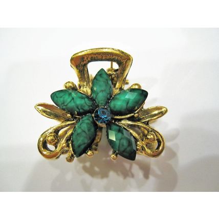Small mini metal jeweled antique bronze flower hair claw clip