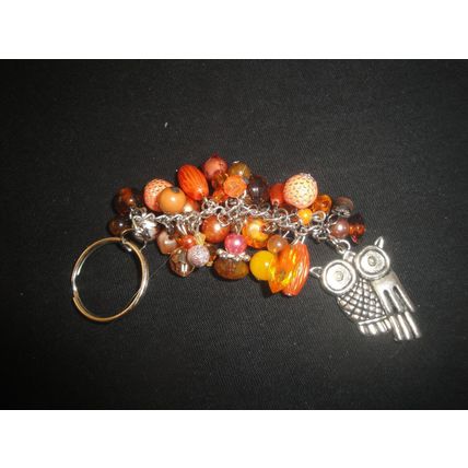 Large silver owl with brown orange pink bag phone charm keyring