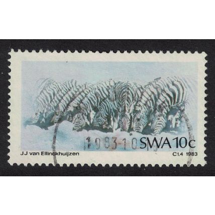 SWA Common Zebras drinking Painting by J. van Ellinckhuijzen 1983 Canc SG#415