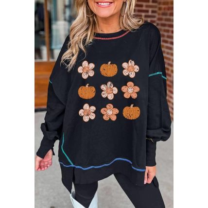 Black Floral Pumpkin Graphic Split Lantern Sleeve Seamed Sweatshirt